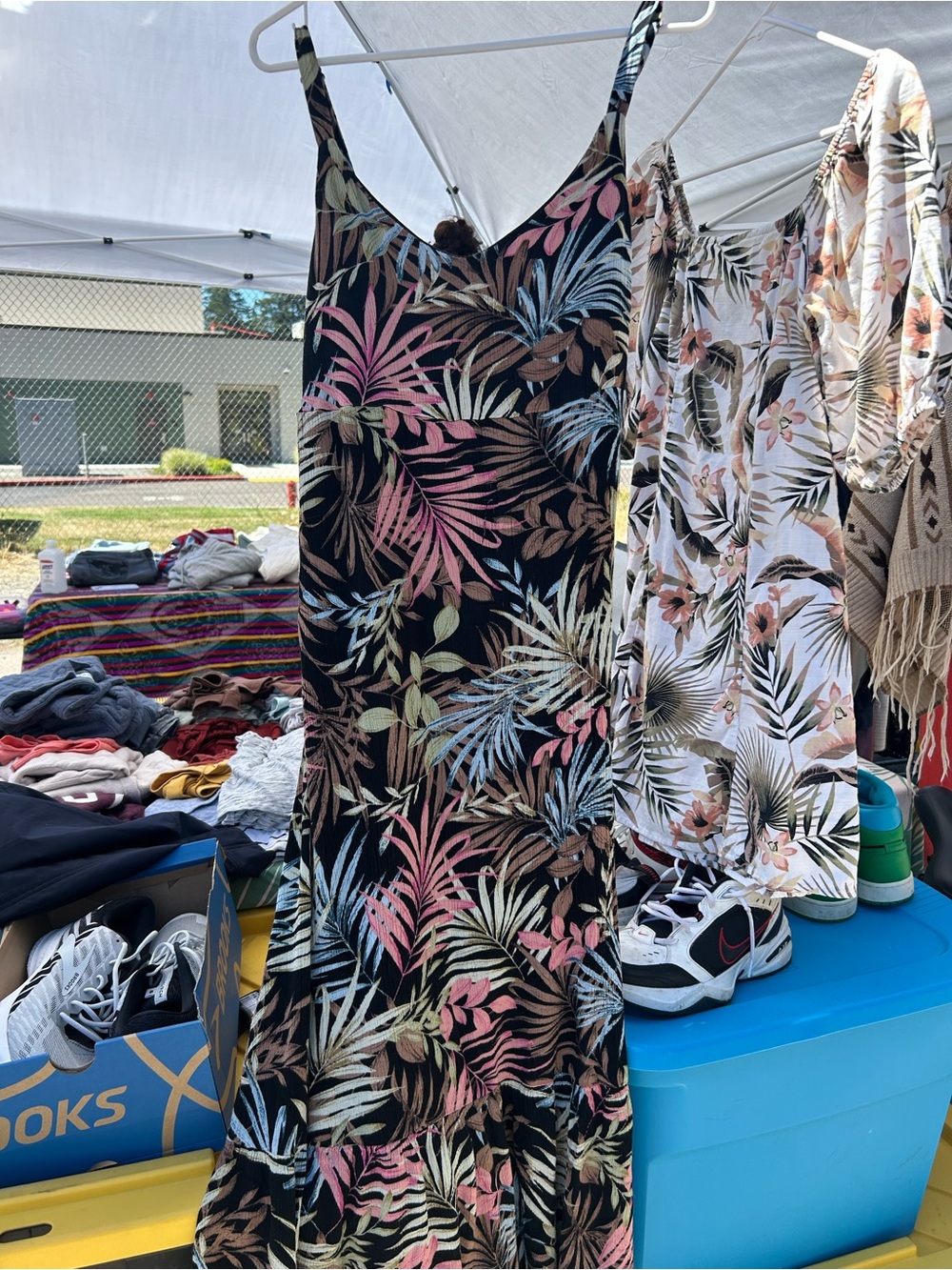 Hurley Black Tropical-Leaf Midi Slip Dress with Pink & Blue Accents